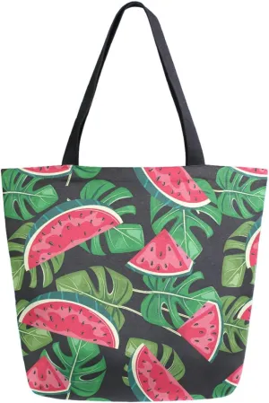 Stylish Extra Large Shoulder Grocery Tote Bag, Tropical Leaves Watermelon Canvas Daily Handle Bag for Gym Weekender Beach Travel Kitchen Reusable Market Shopping