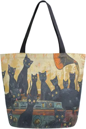 Stylish Extra Large Shoulder Grocery Tote Bag, Vintage Art Black Cats in Gramophone Canvas Daily Handle Bag for Gym Weekender Beach Travel Kitchen Reusable Market Shopping