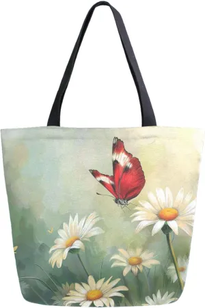 Stylish Extra Large Shoulder Grocery Tote Bag, Wild Daisy Flower Red Butterfly Canvas Daily Handle Bag for Gym Weekender Beach Travel Kitchen Reusable Market Shopping, das69723681p281c318s555