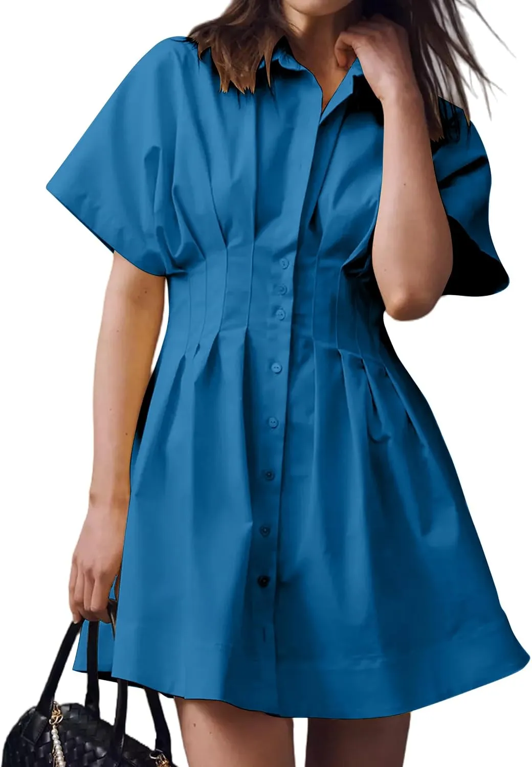 Summer Button Down Shirt Dress for Women Short Sleeve Pleated Mini Dresses Casual A Line Flowy Corset Short Dress