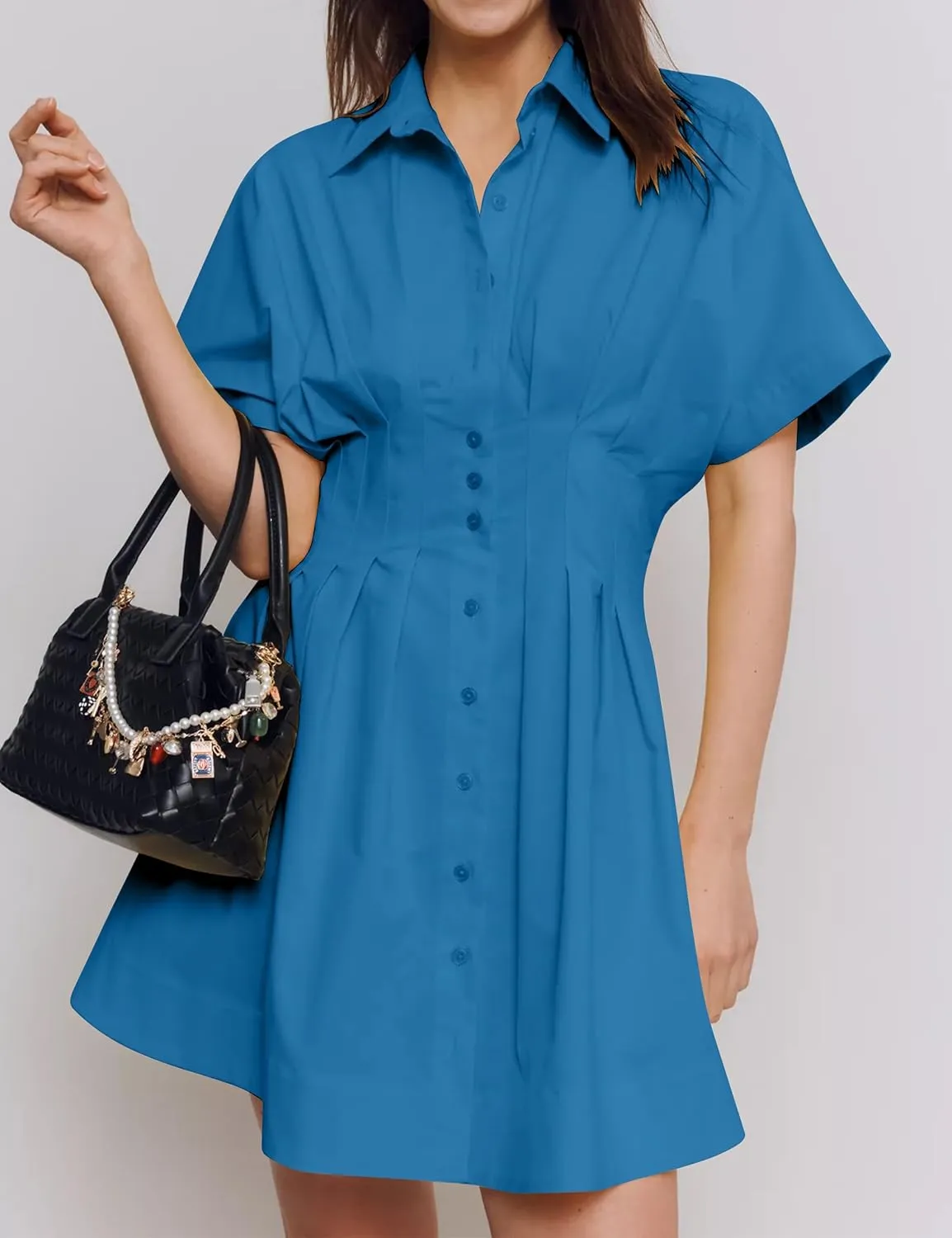 Summer Button Down Shirt Dress for Women Short Sleeve Pleated Mini Dresses Casual A Line Flowy Corset Short Dress