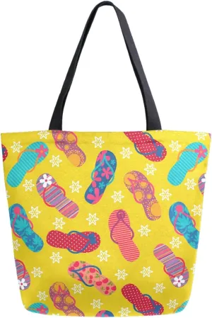 Summer Colors Flip-Flops Extra Large Canvas Shoulder Tote Top Storage Handle Bag for Gym Beach Weekender Travel Reusable Grocery Shopping