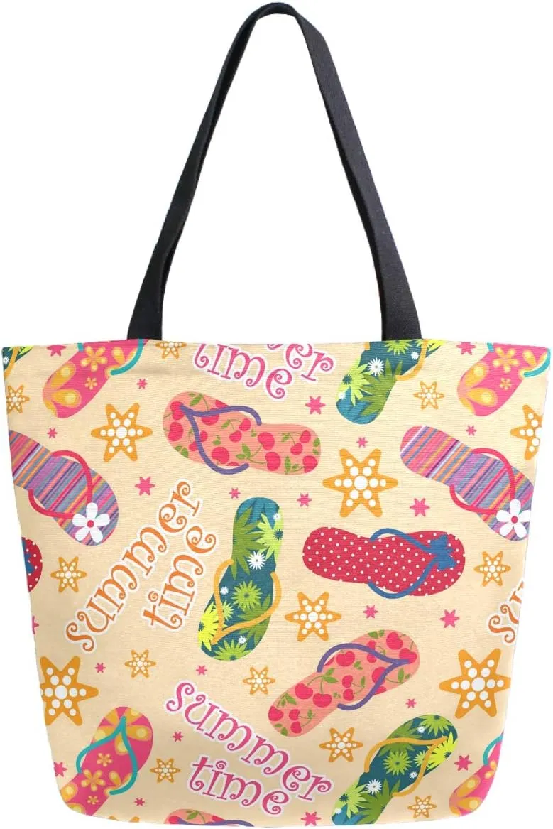 Summer Flip-flops Starfish Extra Large Canvas Shoulder Tote Top Storage Handle Bag for Gym Beach Weekender Travel Reusable Grocery Shopping