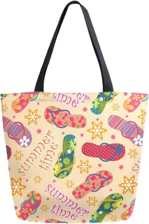 Summer Flip-flops Starfish Extra Large Canvas Shoulder Tote Top Storage Handle Bag for Gym Beach Weekender Travel Reusable Grocery Shopping