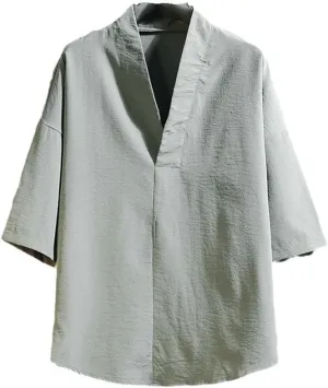 Summer Men' Ice Silk Breathable Casual Retro -Shirt Top Sexy -Neck Basic Loose Solid Color Plus Size
