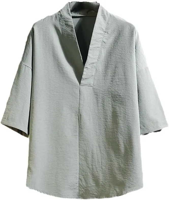 Summer Men' Ice Silk Breathable Casual Retro -Shirt Top Sexy -Neck Basic Loose Solid Color Plus Size