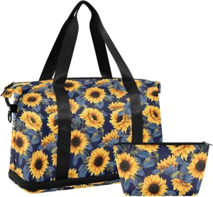 Sunflower Blue Leaves Sports Gym Bag with Waterproof Dry Wet Pocket, Travel Duffel Bag for Women MenWorkout Bag Fits Yoga, Swimming