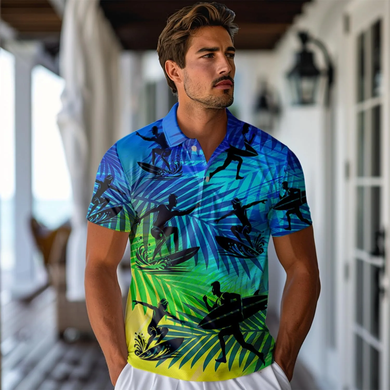 Surfboard Polo Shirts for Men - Ocean Lover Stylish Mens Goft Shirt Casual Short Sleeve Button Down Outfit Set 19