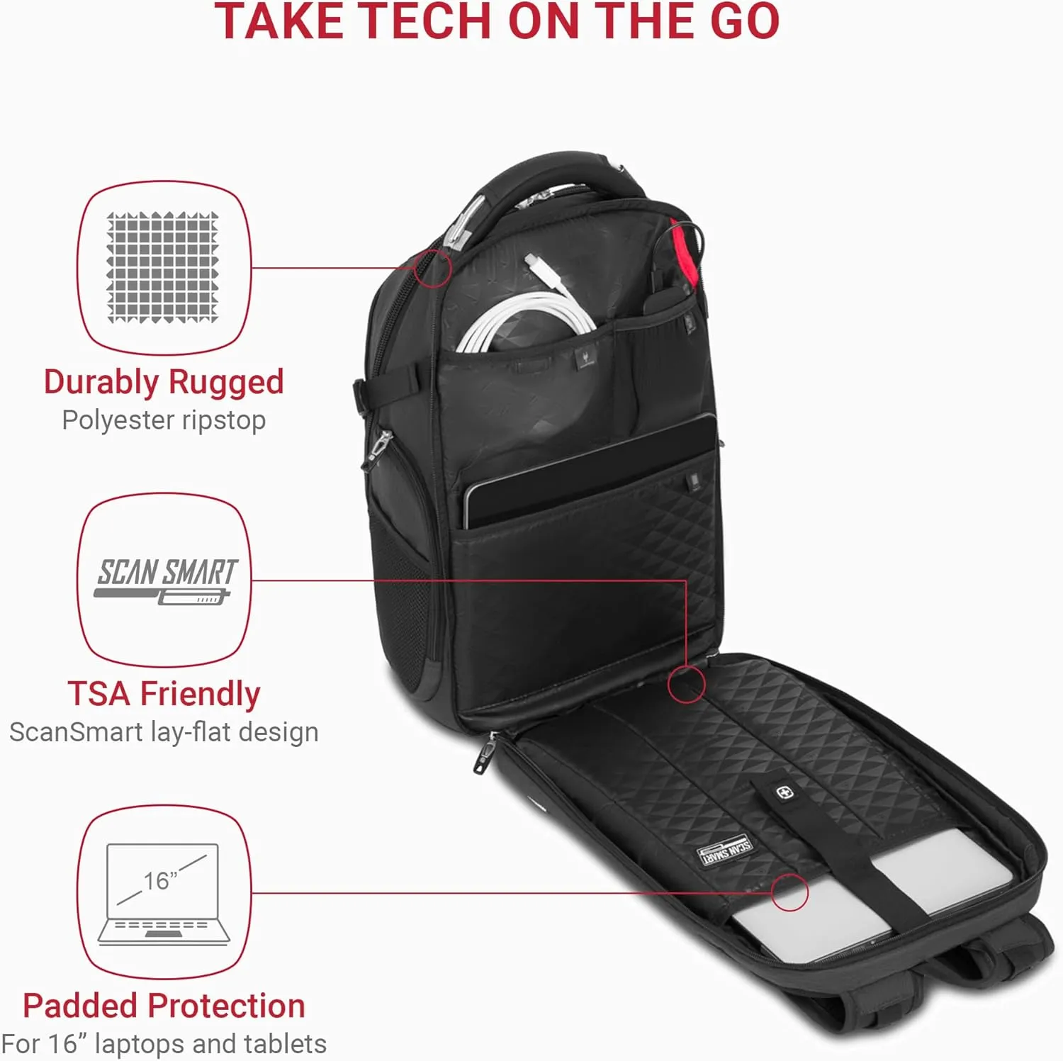SwissGear Travel Tech Elite Laptop Backpack  Fits Laptops up to 16  ScanSmart TSA-Friendly Backpack with USB Port, Shoe Compartment & Organizer Pockets  Heather Grey