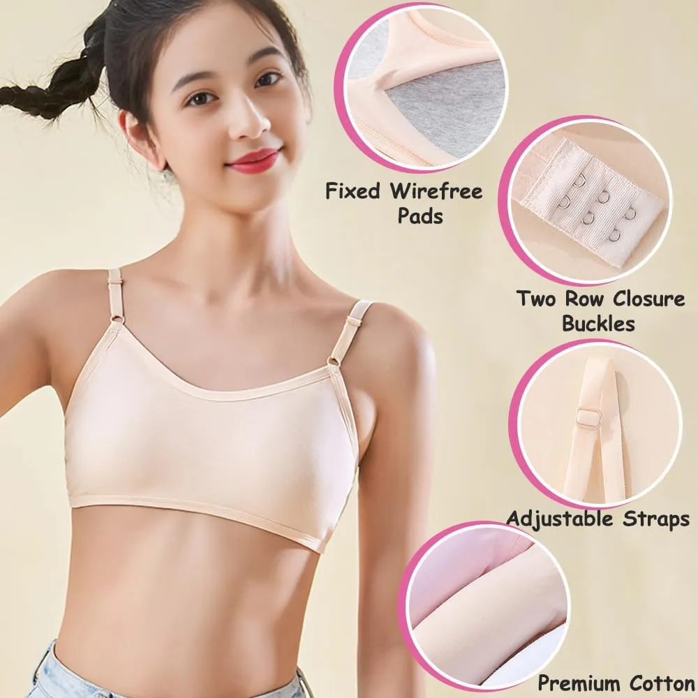 Teens Girls Bras Cotton Wireless Camisole Stretch with Fixed Pads Breathable Training Bralette for 10-18 Years