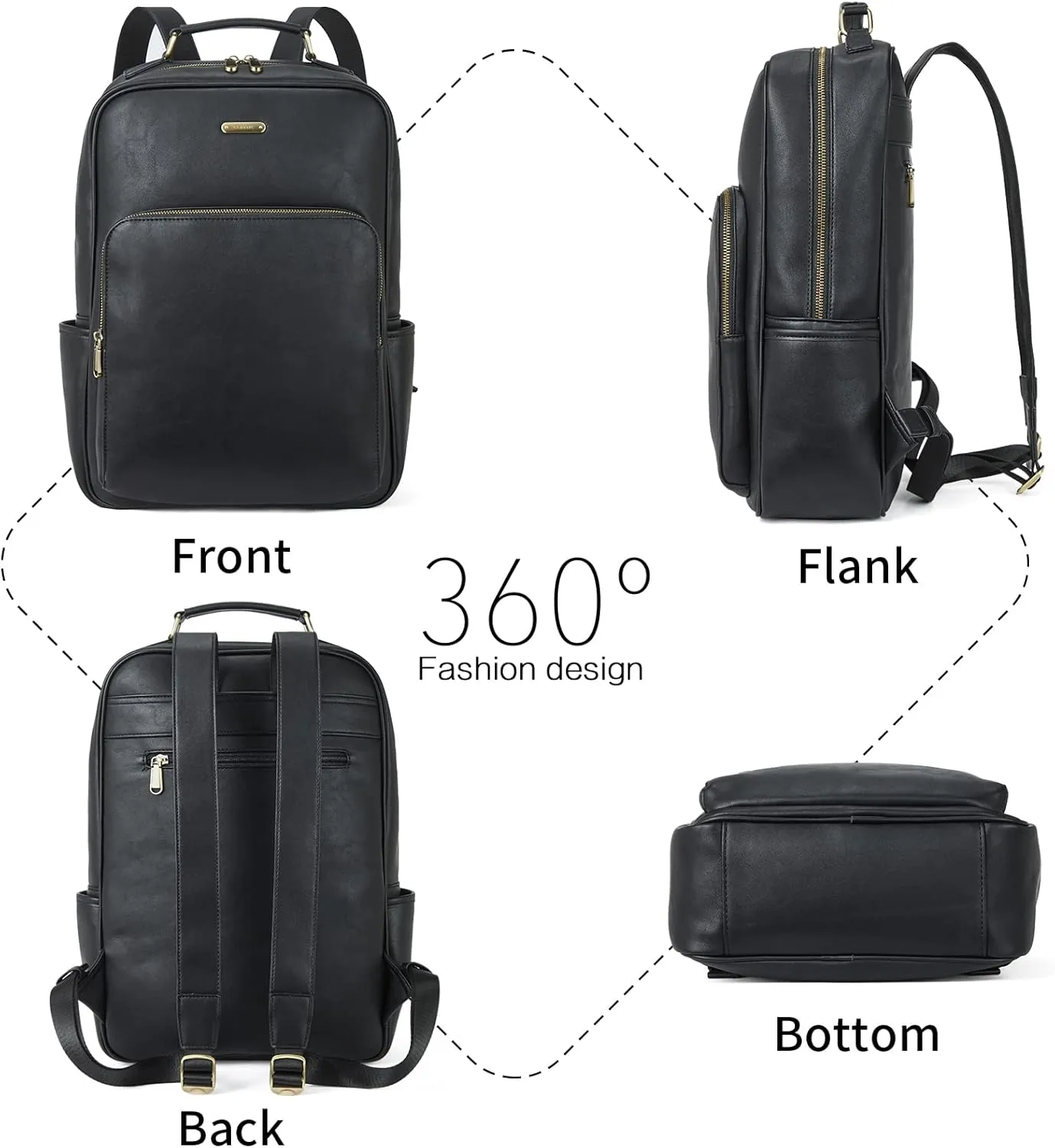 Telena Leather Laptop Backpack for Women College Casual 15.6 inch Work Computer Bag Black