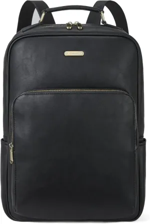 Telena Leather Laptop Backpack for Women College Casual 15.6 inch Work Computer Bag Black