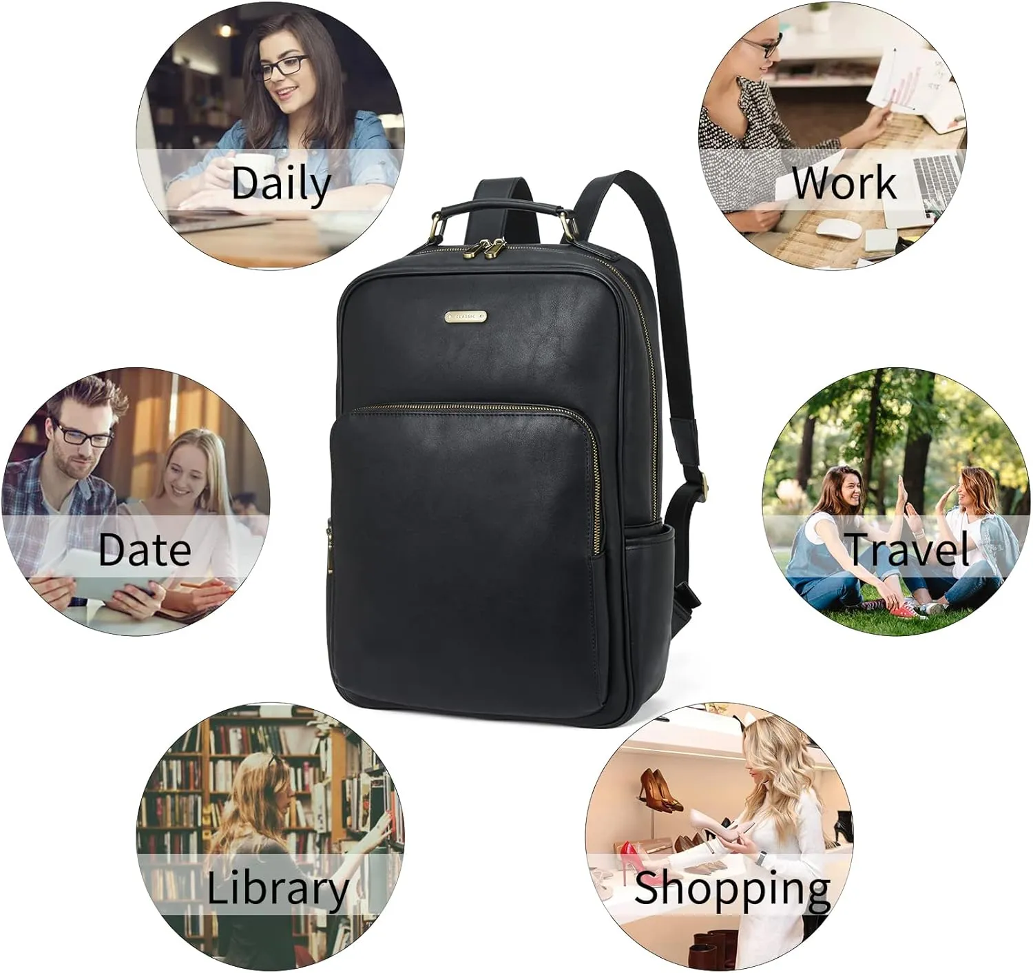 Telena Leather Laptop Backpack for Women College Casual 15.6 inch Work Computer Bag Black