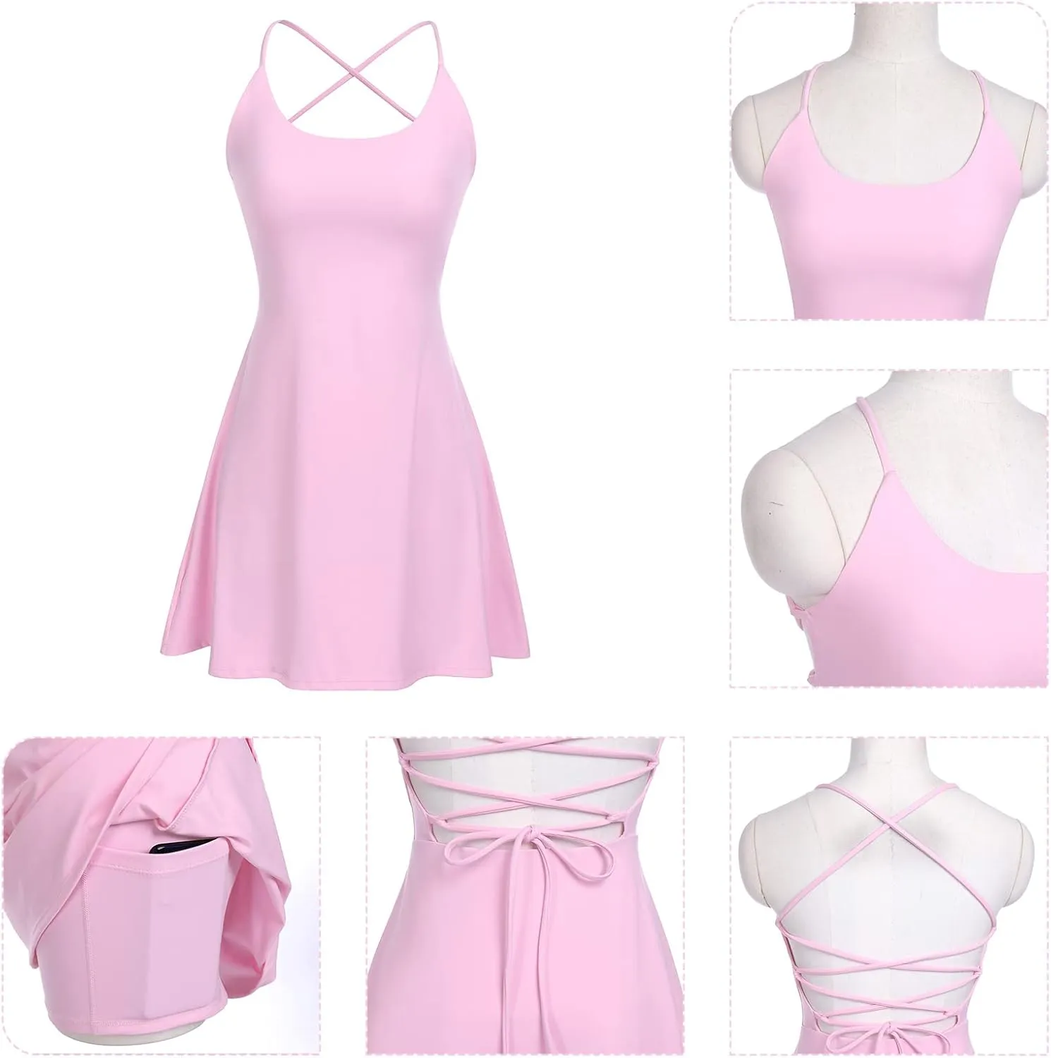 Tennis Dress for Women Backless Lace Up Workout Dress with Built-in Bras & Shorts Exercise Athletic Golf Dresses for Women