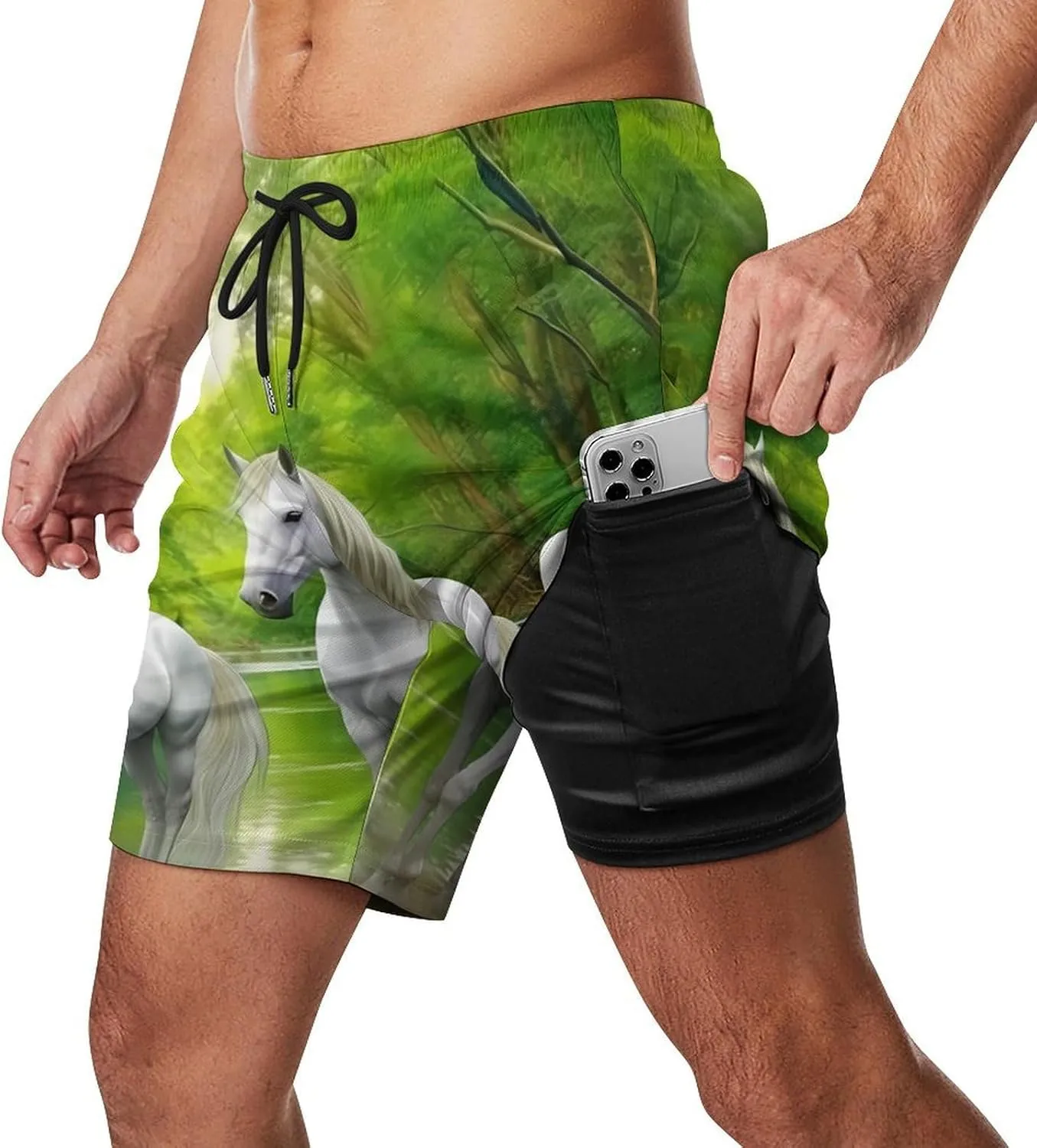Three White Horses Green Forests Men's Swim Trunks with Compression Liner Beach Swimming Shorts with Drawstring and Pockets
