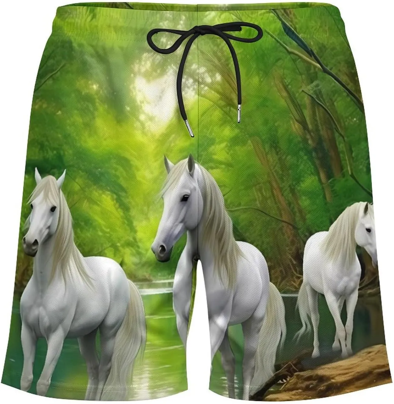 Three White Horses Green Forests Men's Swim Trunks with Compression Liner Beach Swimming Shorts with Drawstring and Pockets