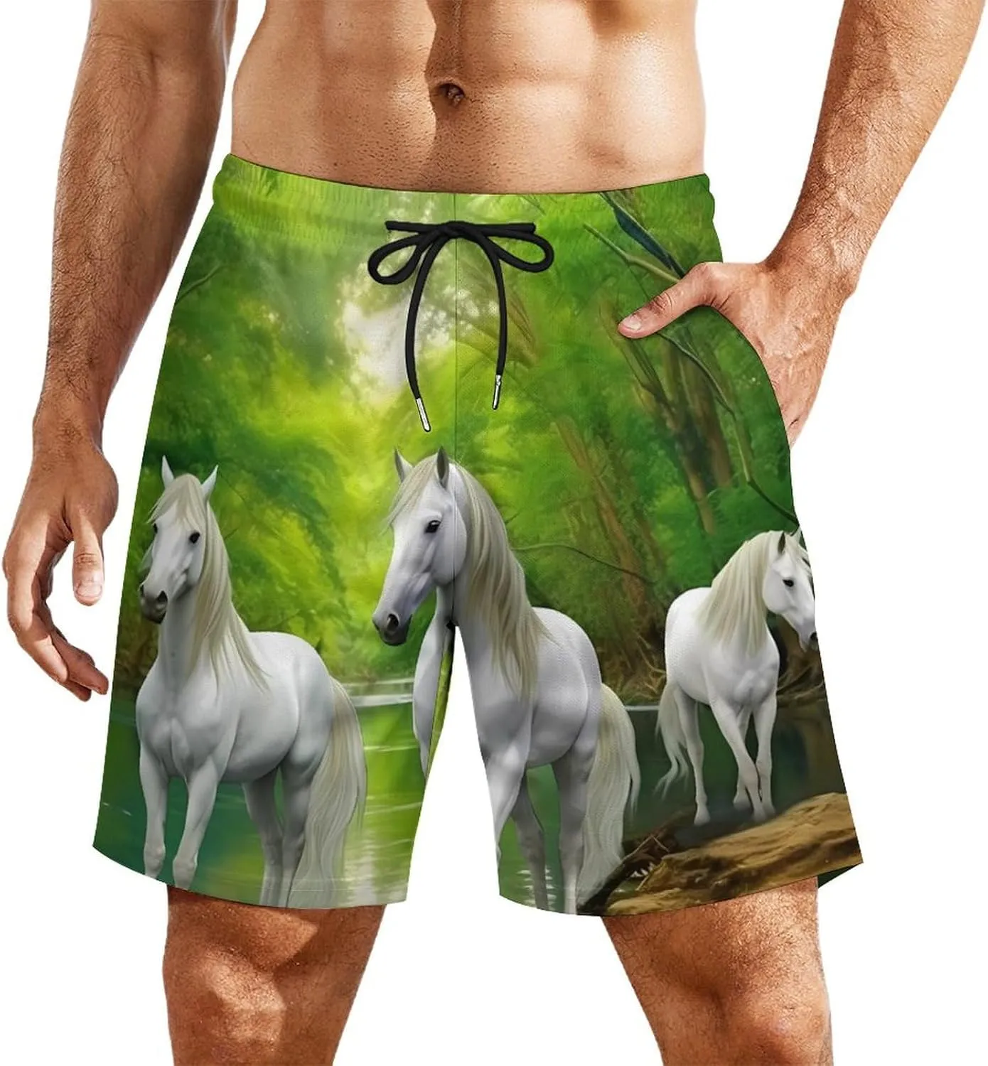Three White Horses Green Forests Men's Swim Trunks with Compression Liner Beach Swimming Shorts with Drawstring and Pockets