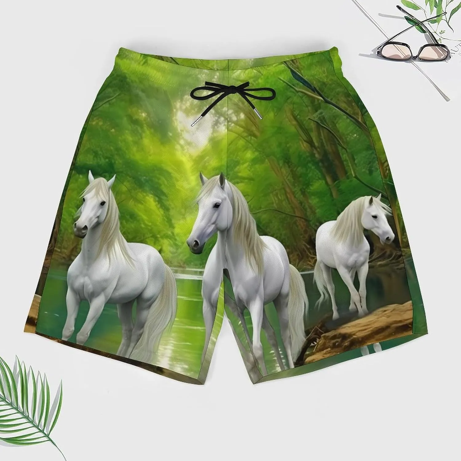 Three White Horses Green Forests Men's Swim Trunks with Compression Liner Beach Swimming Shorts with Drawstring and Pockets