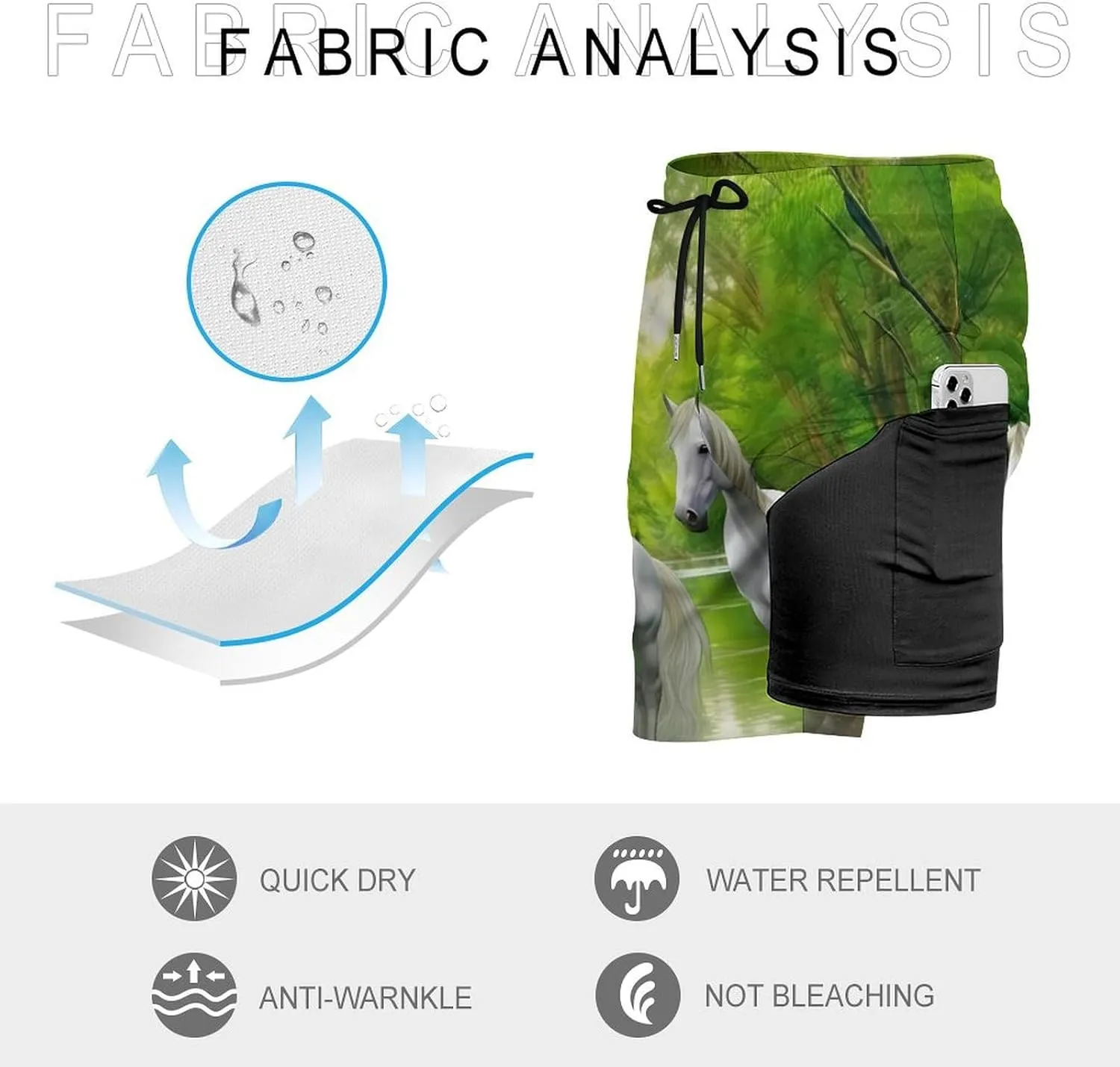 Three White Horses Green Forests Men's Swim Trunks with Compression Liner Beach Swimming Shorts with Drawstring and Pockets