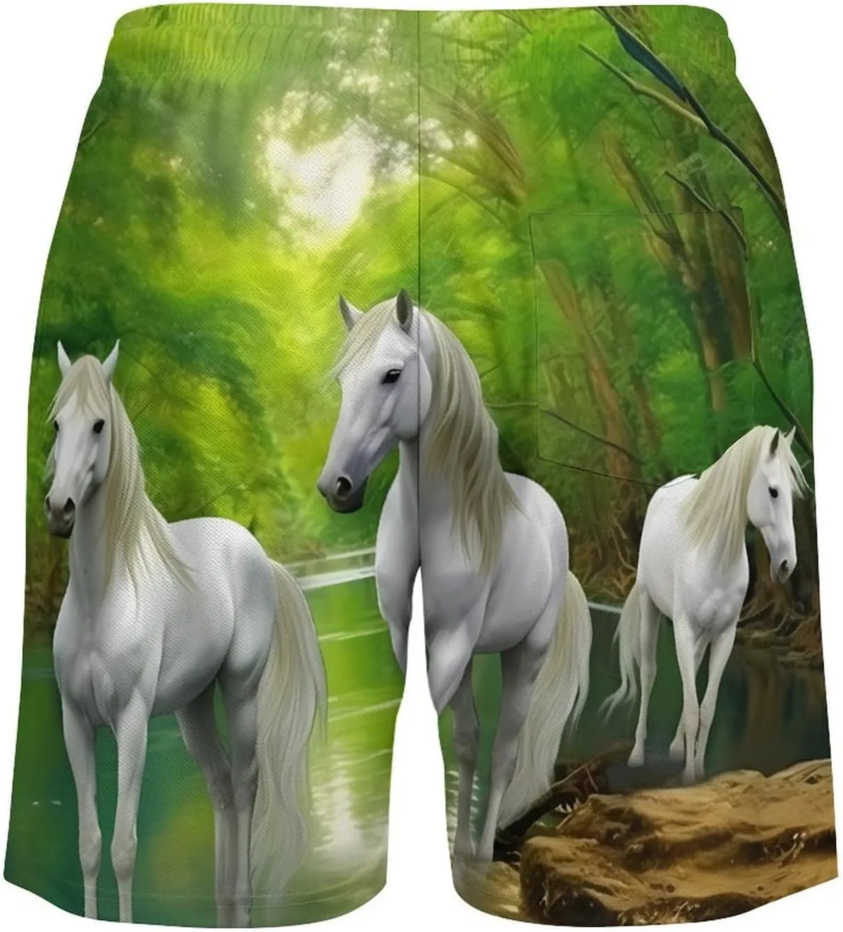 Three White Horses Green Forests Men's Swim Trunks with Compression Liner Beach Swimming Shorts with Drawstring and Pockets