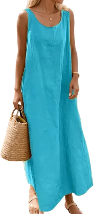 TIAFORD Womens Cotton Linen Beach Tank Long Dress Summer Casual Plus Size Sundress Flowy Loose Sleeveless Maxi Dresses