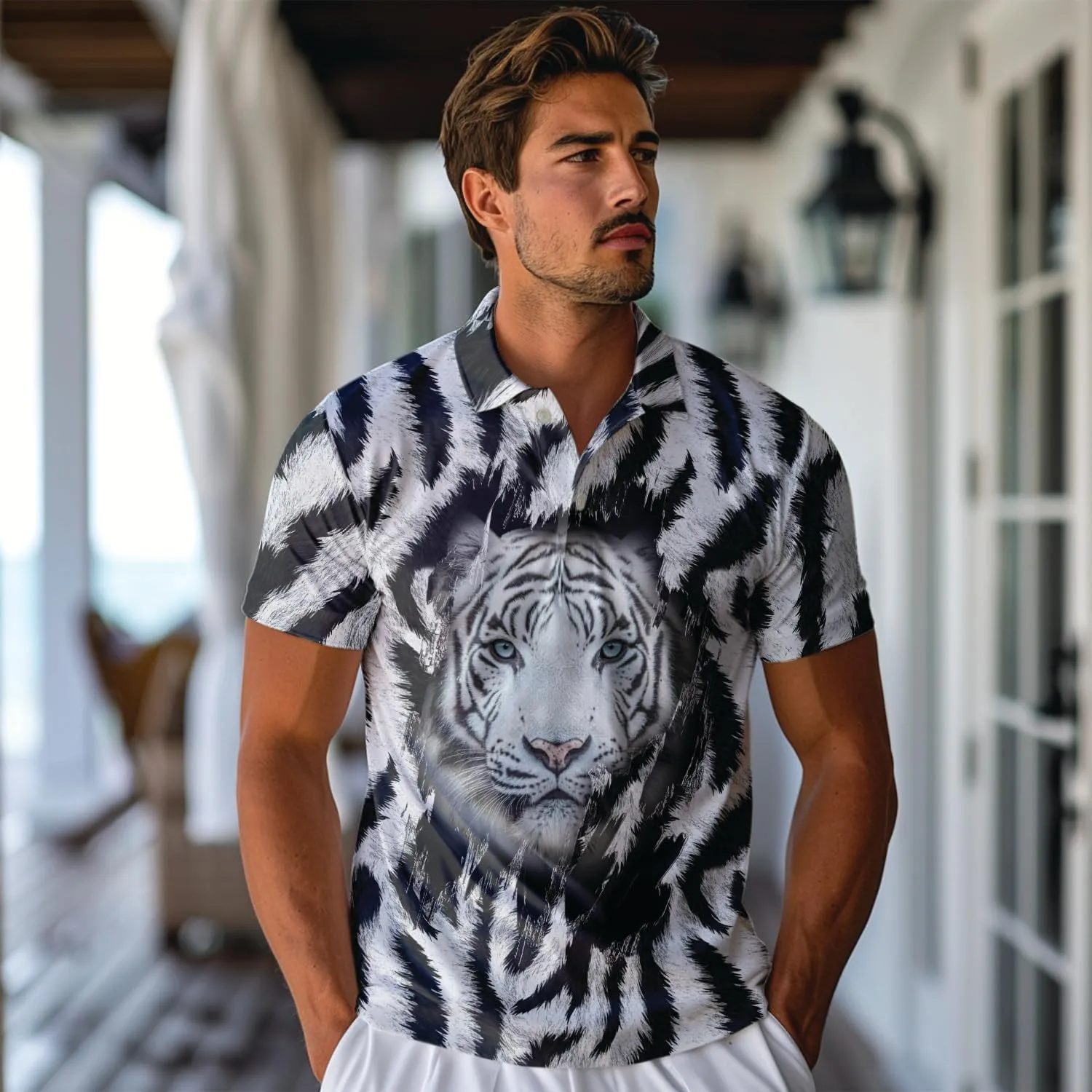 Tigre Polo Shirts for Men - Tigre Lover Stylish Mens Goft Shirt Casual Short Sleeve Button Down Outfit Set 41