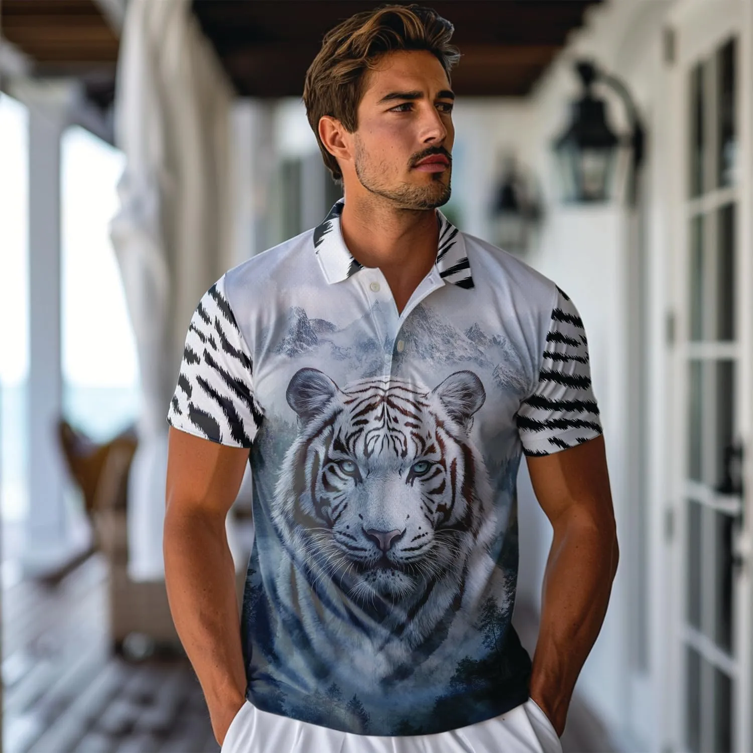 Tigre Polo Shirts for Men - Tigre Lover Stylish Mens Goft Shirt Casual Short Sleeve Button Down Outfit Set 41