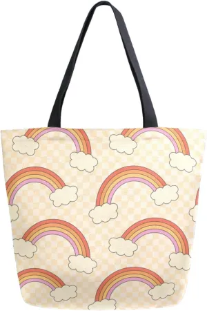 Trendy Extra Large Shoulder Grocery Tote Bag, Abstract Rainbows Checks Orange Canvas Daily Handle Bag for Gym Yoga Weekender Picnic Beach Travel Kitchen Reusable Market Shopping