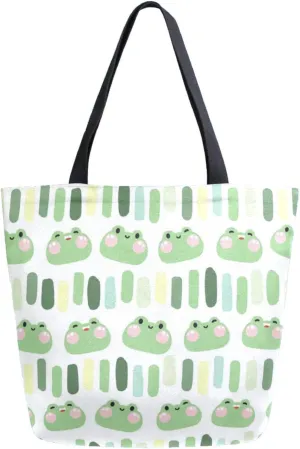 Trendy Extra Large Shoulder Grocery Tote Bag, Lovely Frog Face Pattern Canvas Daily Handle Bag for Gym Yoga Weekender Picnic Beach Travel Kitchen Reusable Market Shopping