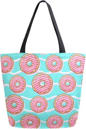 Trendy Extra Large Shoulder Grocery Tote Bag, Lovely Pink Donuts Blue Summer Canvas Daily Handle Bag for Gym Yoga Weekender Picnic Beach Travel Kitchen Reusable Market Shopping