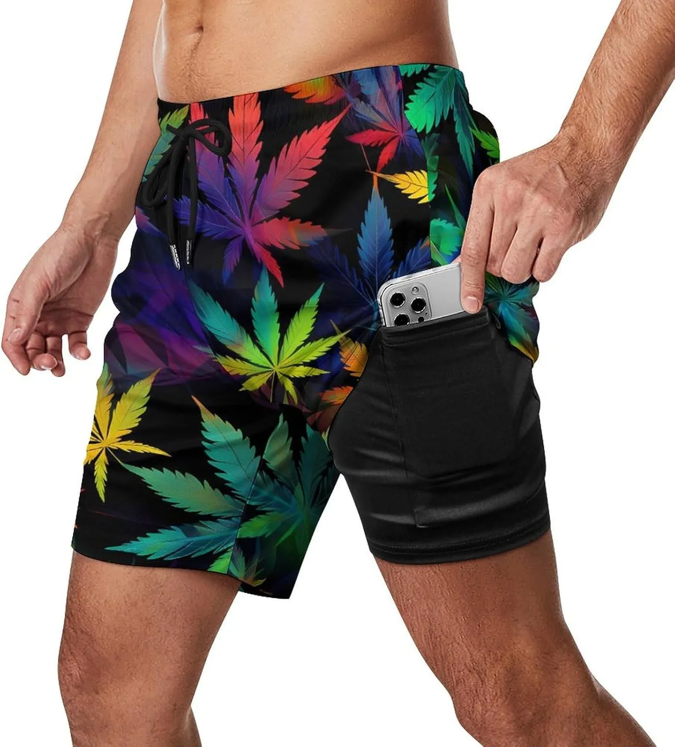 Trippy Weed Tie Dye Men's Swim Trunks with Compression Liner Beach Swimming Shorts with Drawstring and Pockets