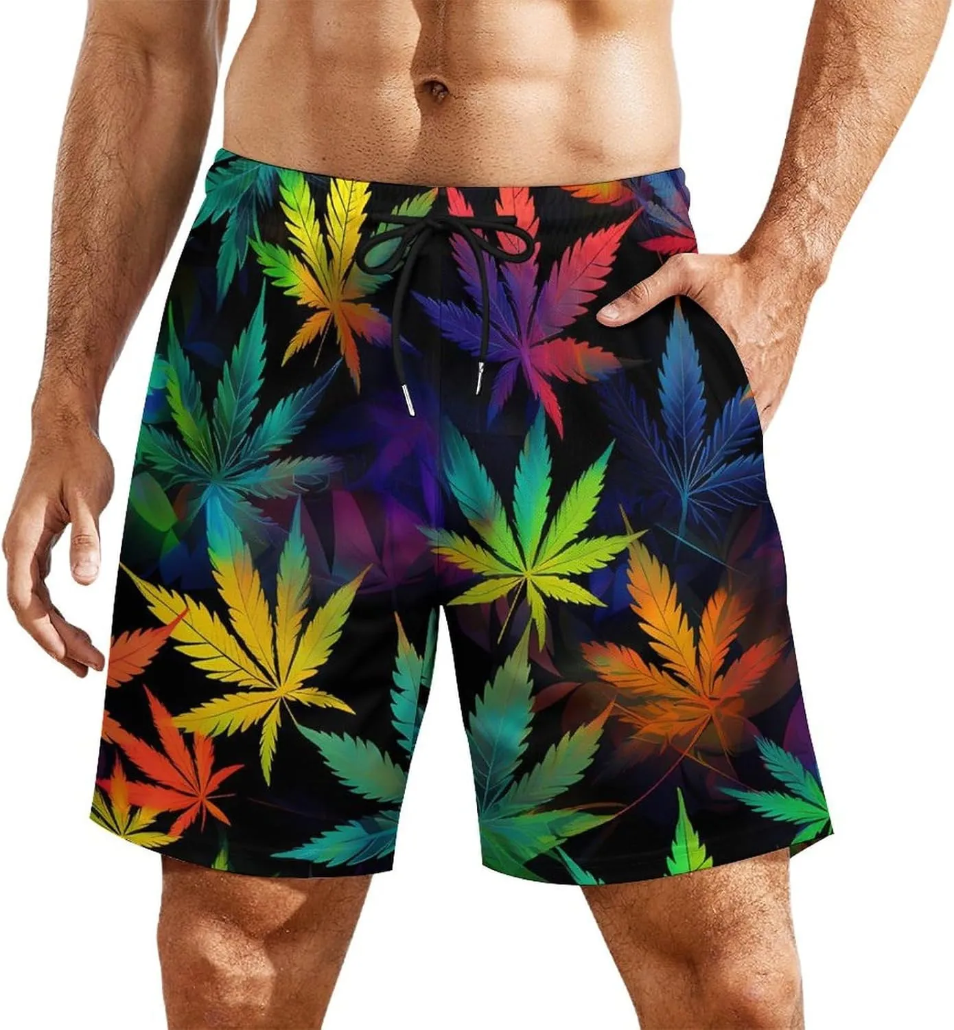 Trippy Weed Tie Dye Men's Swim Trunks with Compression Liner Beach Swimming Shorts with Drawstring and Pockets