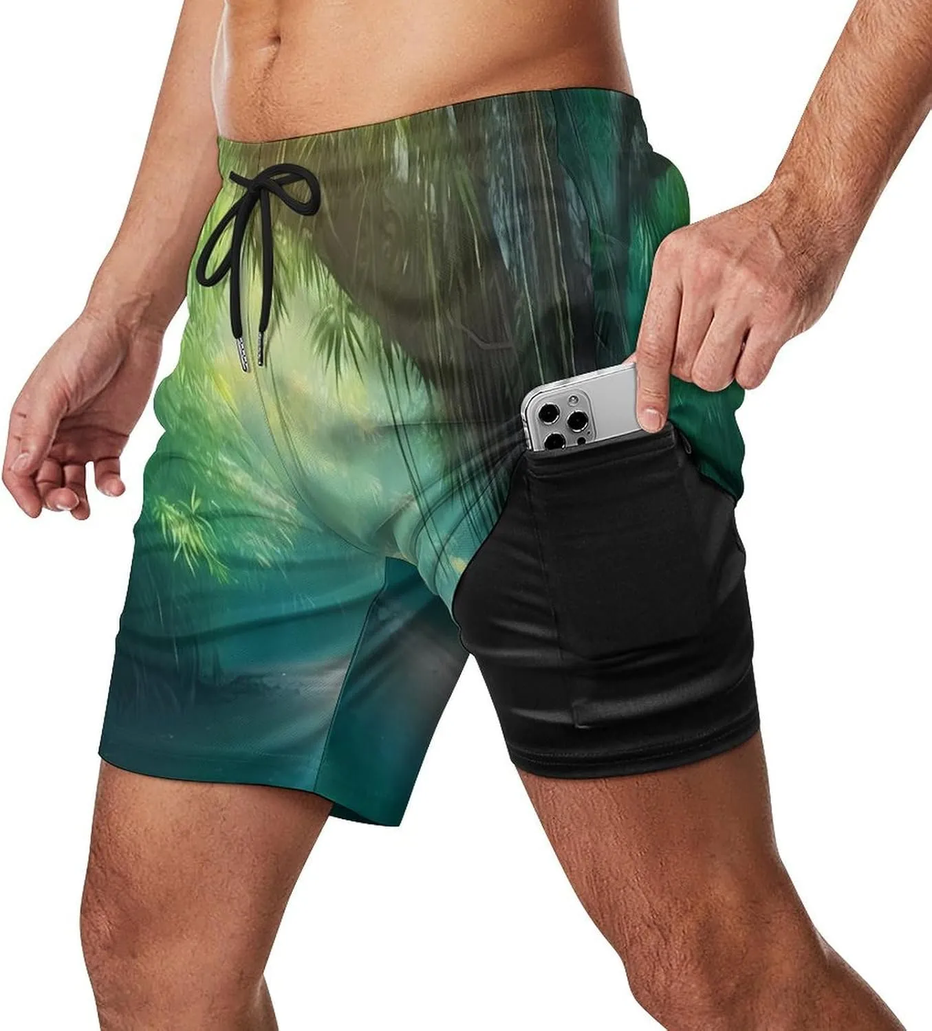 Tropical Forests Water Men's Swim Trunks with Compression Liner Beach Swimming Shorts with Drawstring and Pockets