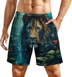 Tropical Rainforest Animal Lion Men's Swim Trunks with Compression Liner Beach Swimming Shorts with Drawstring and Pockets