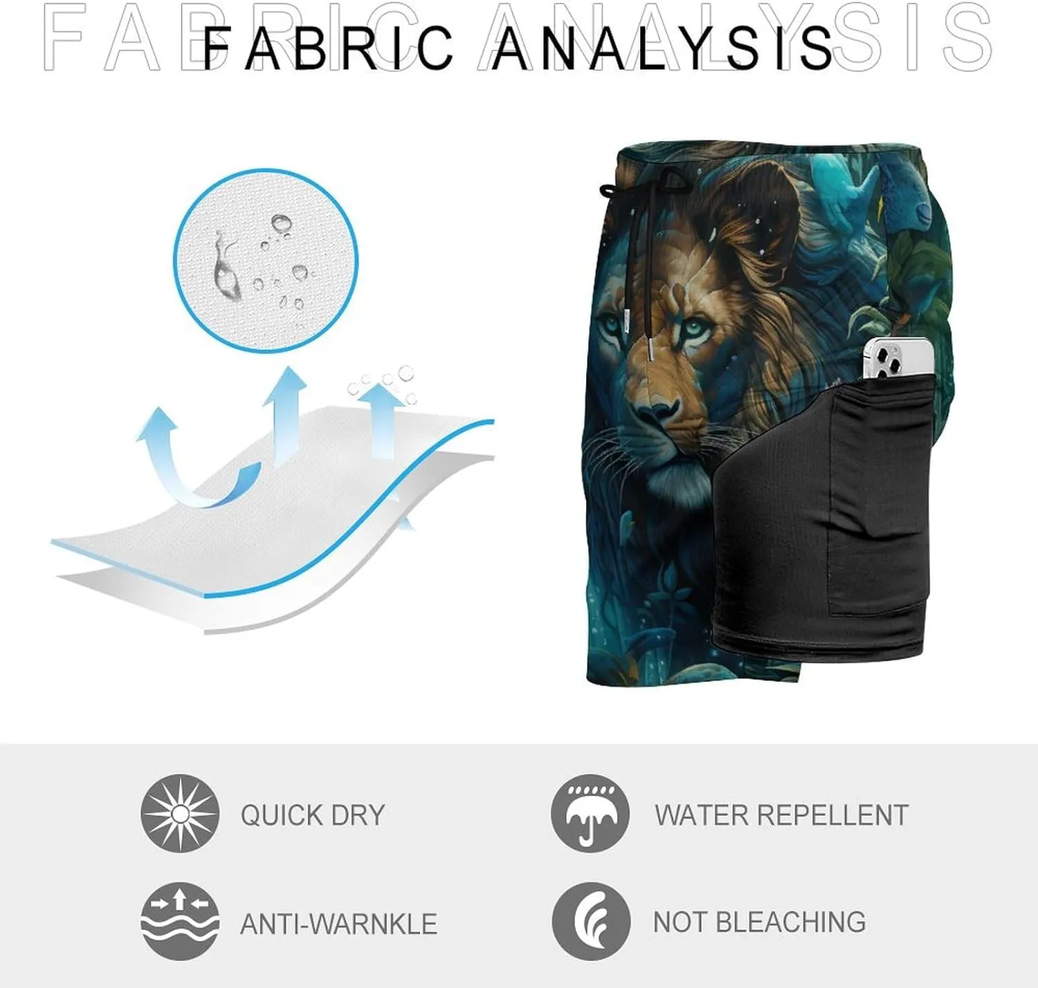 Tropical Rainforest Animal Lion Men's Swim Trunks with Compression Liner Beach Swimming Shorts with Drawstring and Pockets