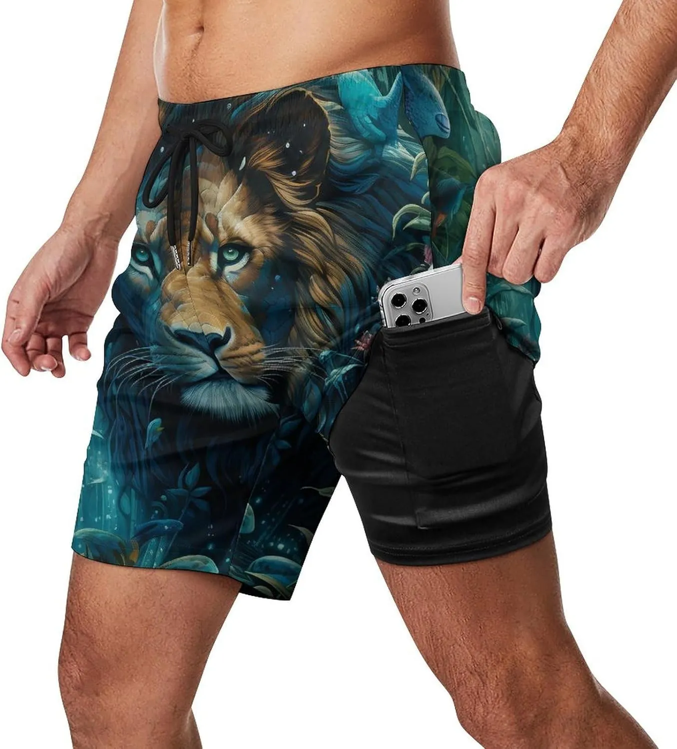 Tropical Rainforest Animal Lion Men's Swim Trunks with Compression Liner Beach Swimming Shorts with Drawstring and Pockets