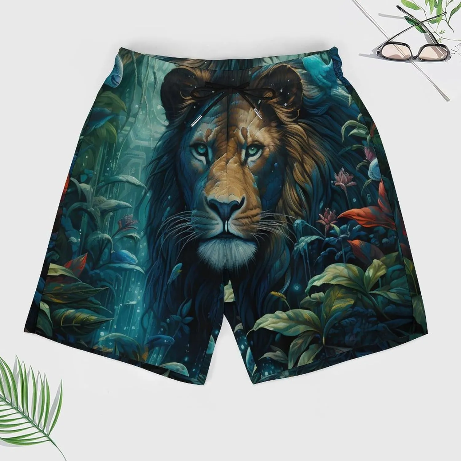 Tropical Rainforest Animal Lion Men's Swim Trunks with Compression Liner Beach Swimming Shorts with Drawstring and Pockets