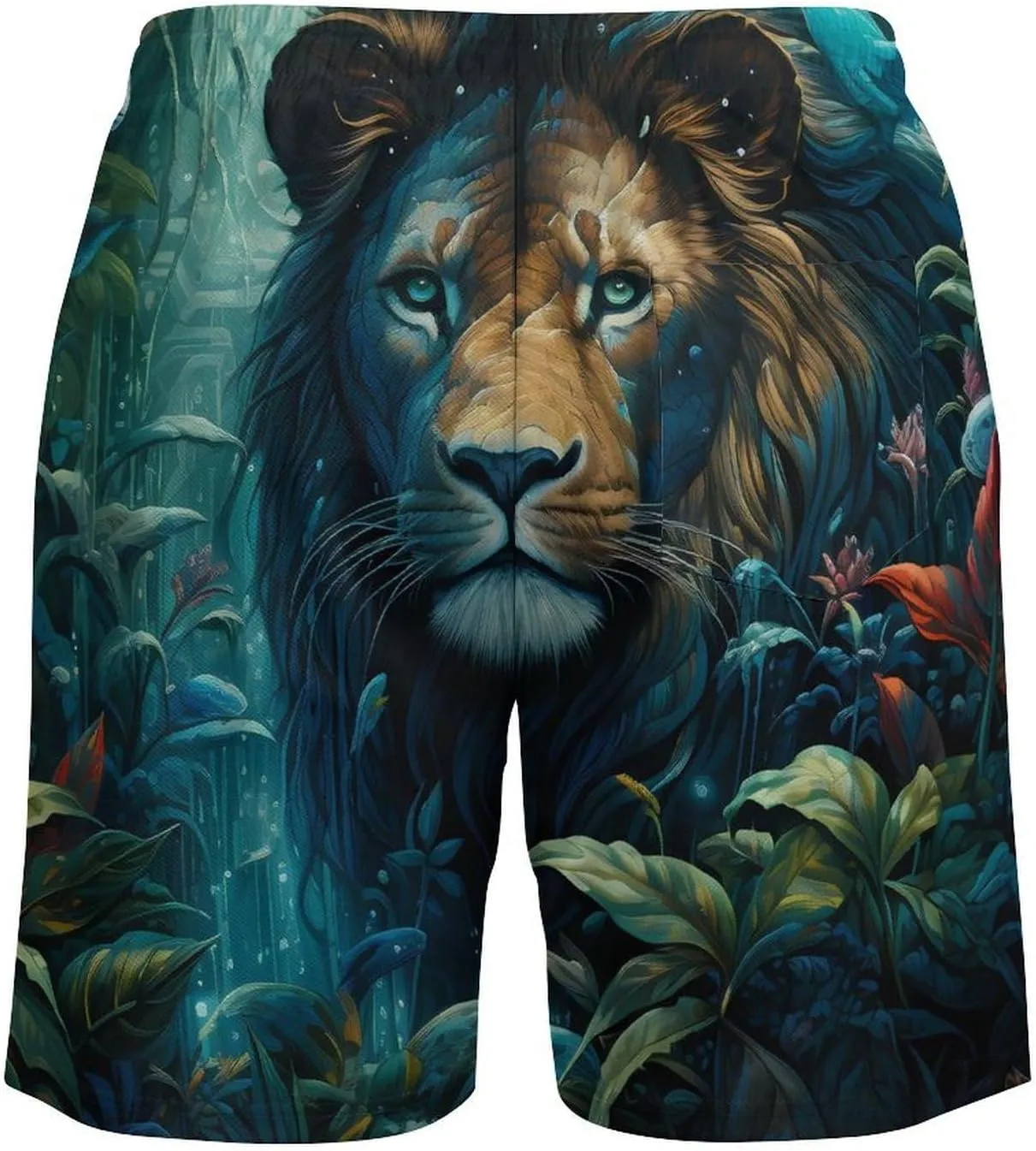 Tropical Rainforest Animal Lion Men's Swim Trunks with Compression Liner Beach Swimming Shorts with Drawstring and Pockets