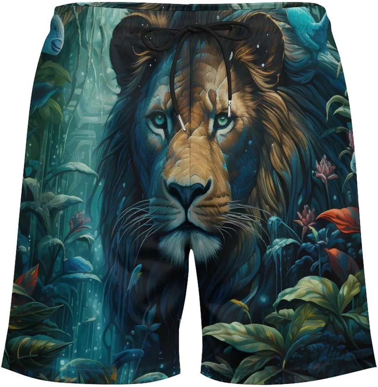 Tropical Rainforest Animal Lion Men's Swim Trunks with Compression Liner Beach Swimming Shorts with Drawstring and Pockets