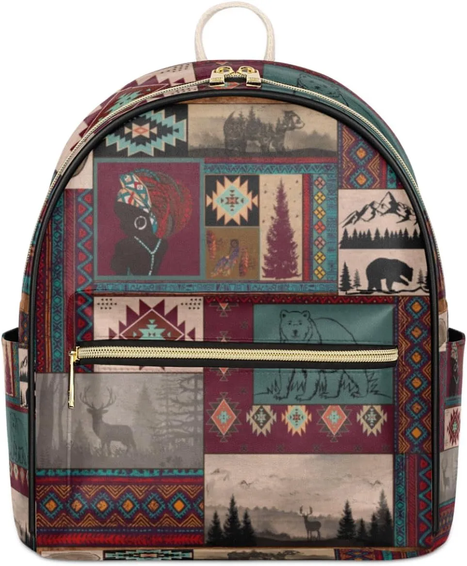 TropicalLife Aztec Backpack Purse for Women PU Leather Lightweight Ladies Shoulder Fashion Satchel Bags Travel Casual Daypack Ethnic African Boho Geometric Vintage