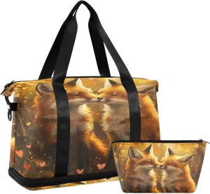 Two Foxes Kissing Sports Gym Bag with Waterproof Dry Wet Pocket, Travel Duffel Bag for Women MenWorkout Bag Fits Yoga, Swimming