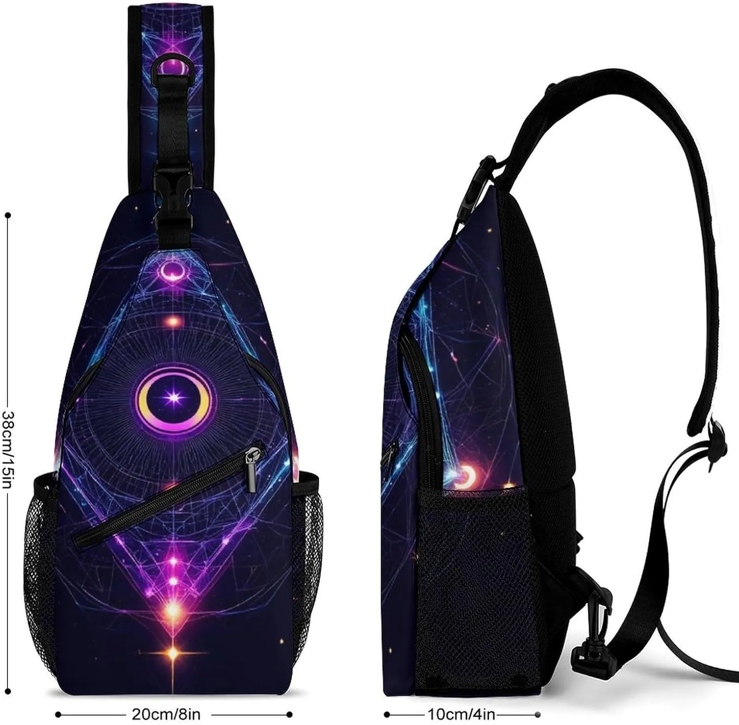 Unisex Sports Crossbody Bags, Portable Large Capacity Sacred Geometry Symbols Sun Moon Trippy Purple Sling Bag Shoulder Backpack Chest Bag with Buckles and Pockets for Hiking