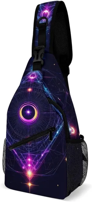 Unisex Sports Crossbody Bags, Portable Large Capacity Sacred Geometry Symbols Sun Moon Trippy Purple Sling Bag Shoulder Backpack Chest Bag with Buckles and Pockets for Hiking
