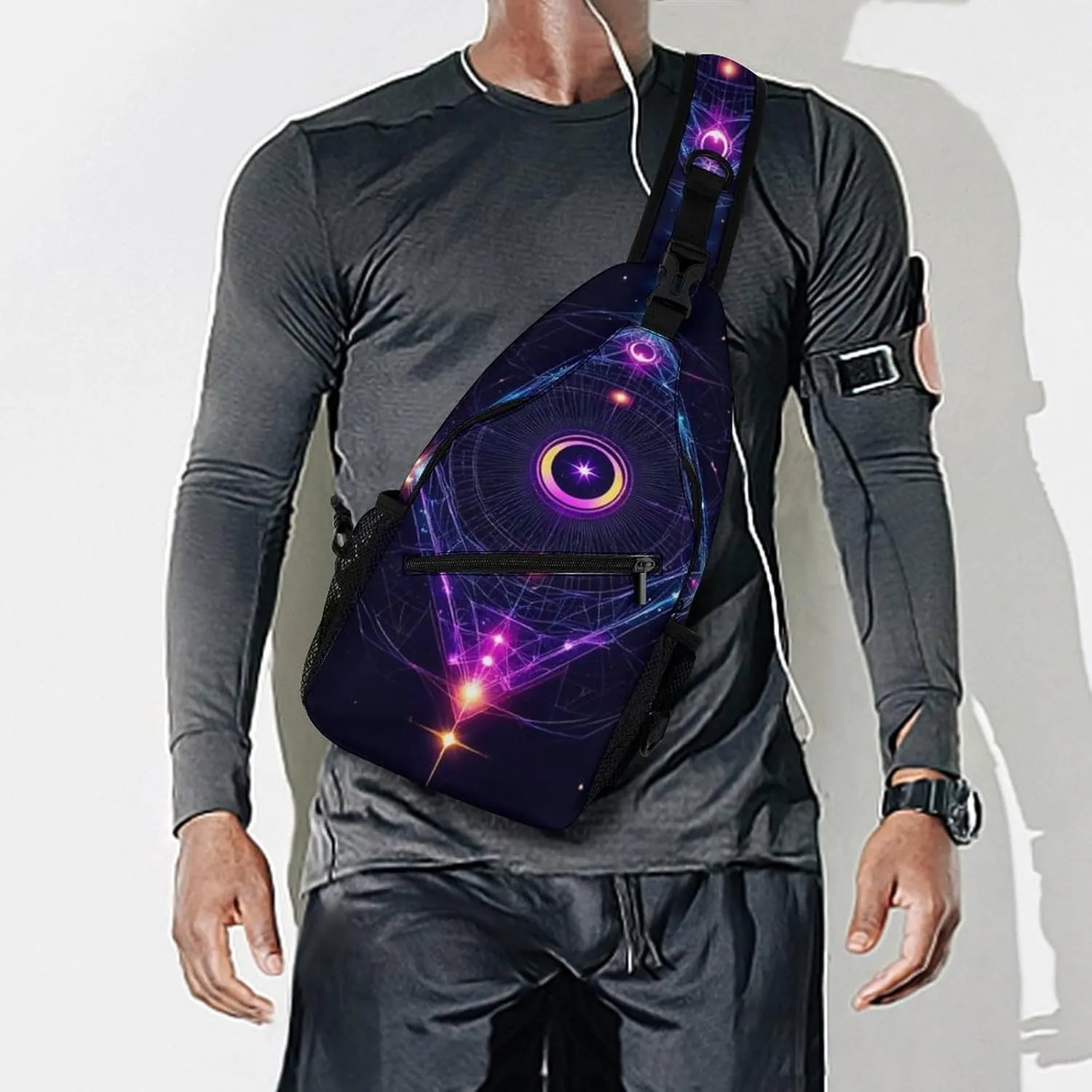 Unisex Sports Crossbody Bags, Portable Large Capacity Sacred Geometry Symbols Sun Moon Trippy Purple Sling Bag Shoulder Backpack Chest Bag with Buckles and Pockets for Hiking