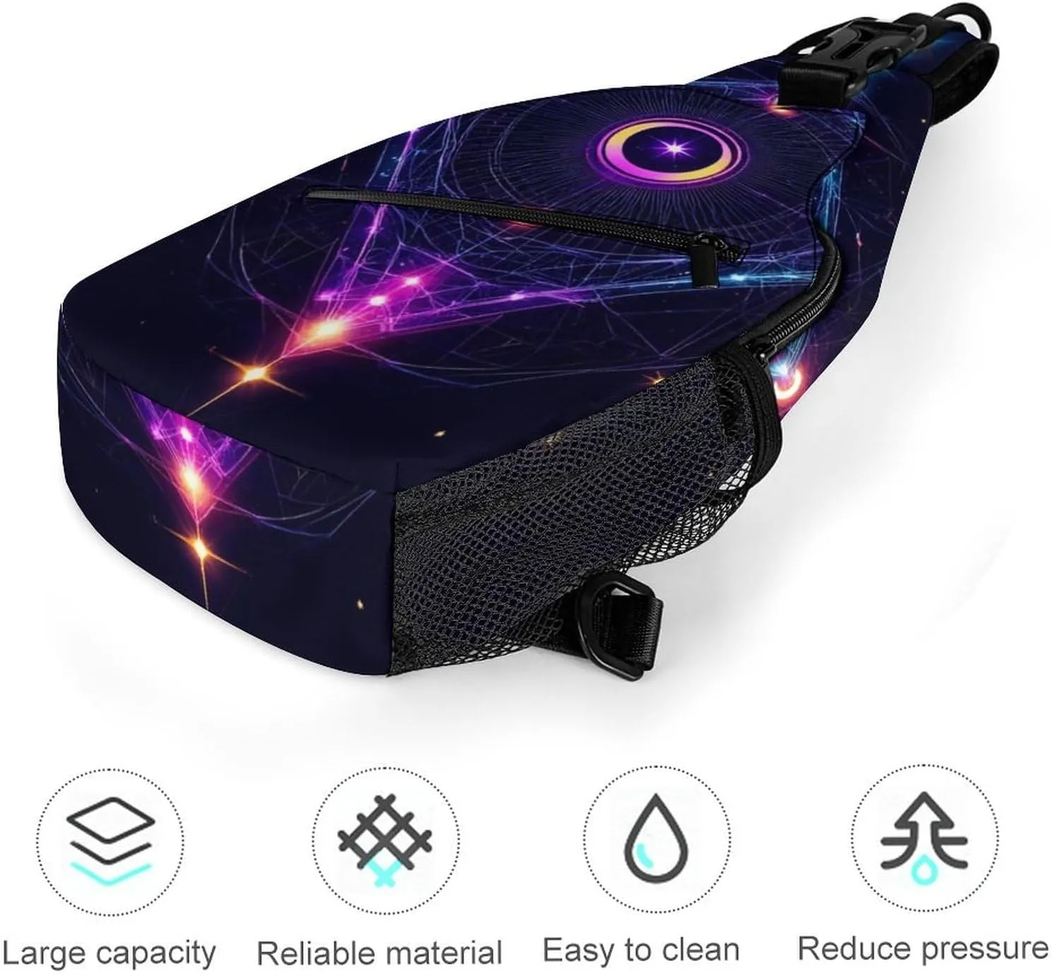 Unisex Sports Crossbody Bags, Portable Large Capacity Sacred Geometry Symbols Sun Moon Trippy Purple Sling Bag Shoulder Backpack Chest Bag with Buckles and Pockets for Hiking