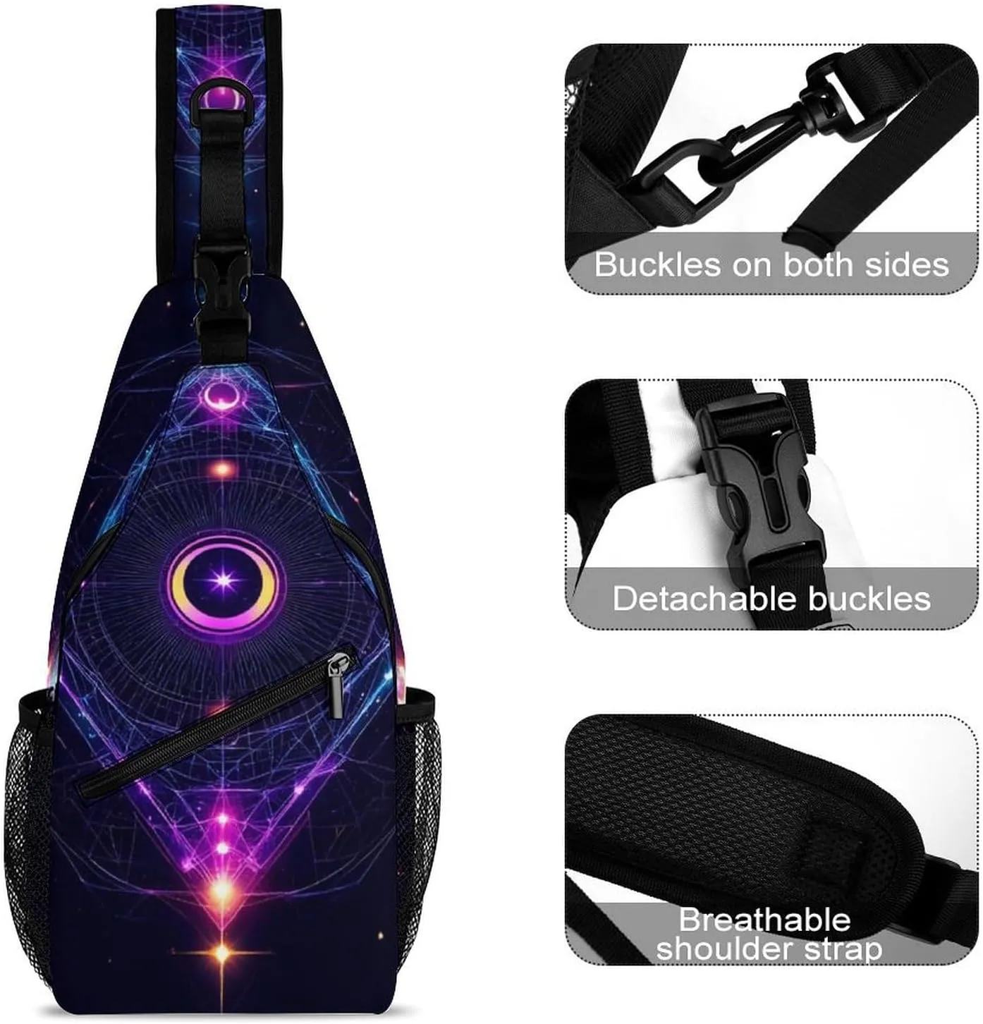 Unisex Sports Crossbody Bags, Portable Large Capacity Sacred Geometry Symbols Sun Moon Trippy Purple Sling Bag Shoulder Backpack Chest Bag with Buckles and Pockets for Hiking
