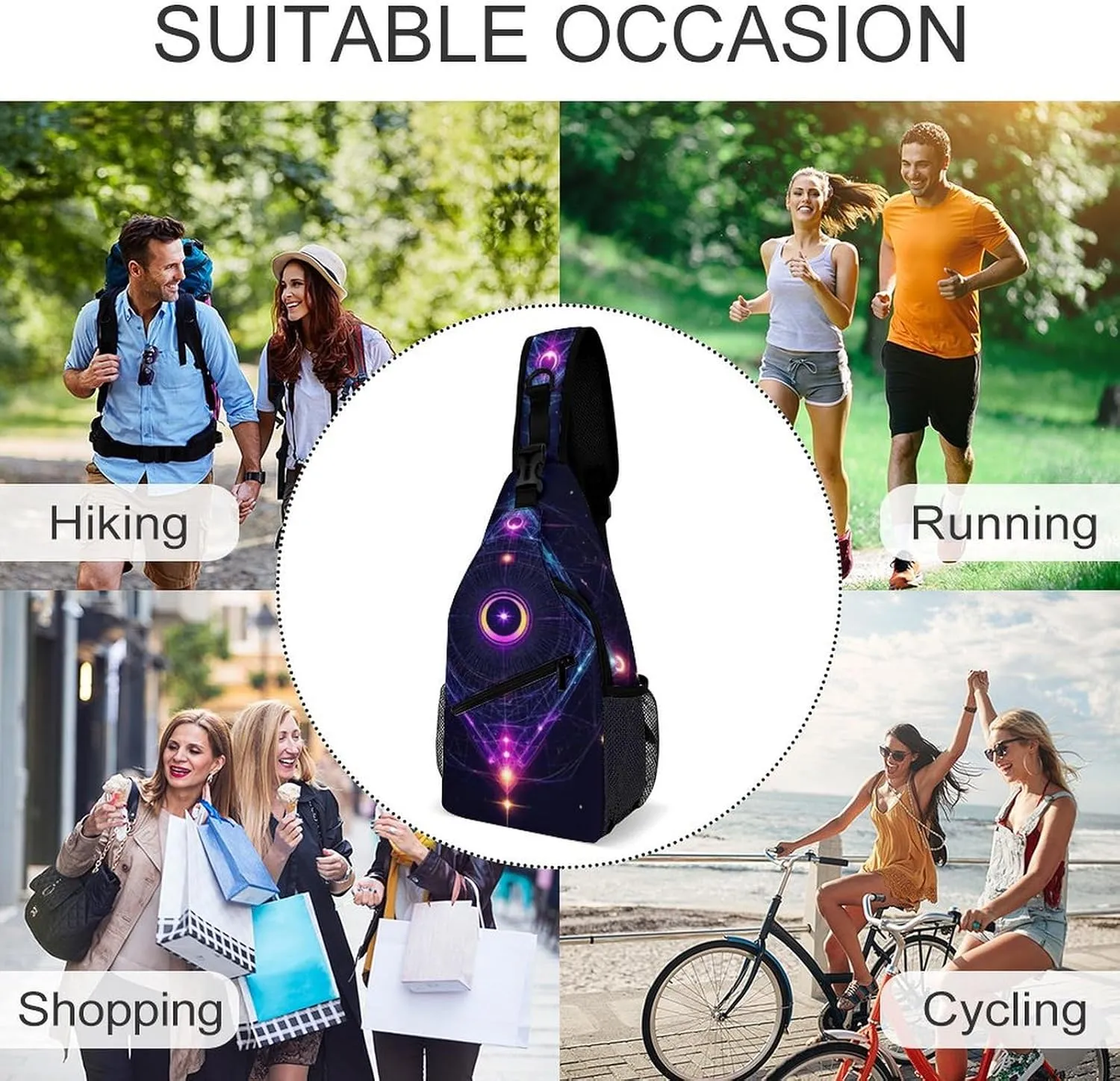 Unisex Sports Crossbody Bags, Portable Large Capacity Sacred Geometry Symbols Sun Moon Trippy Purple Sling Bag Shoulder Backpack Chest Bag with Buckles and Pockets for Hiking