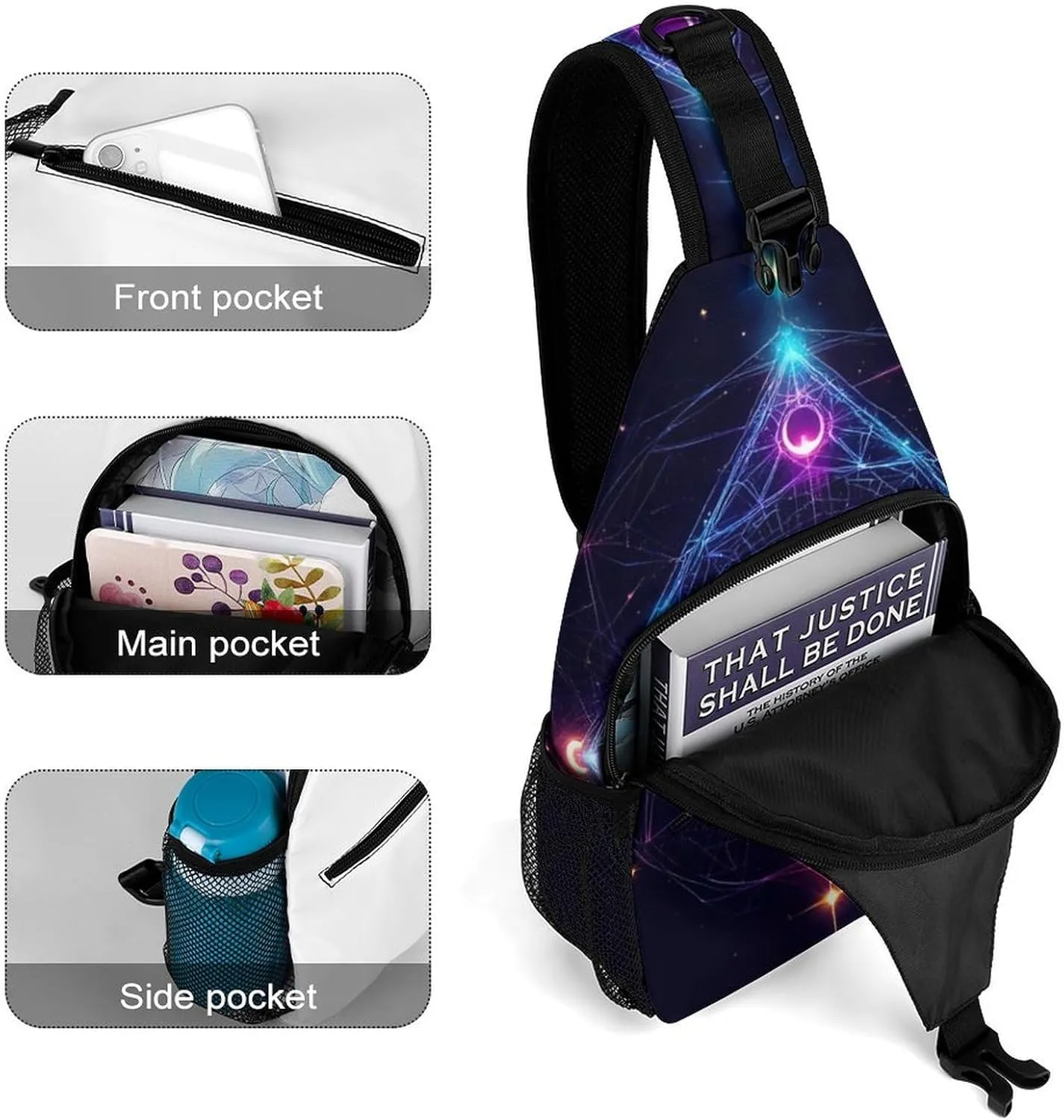 Unisex Sports Crossbody Bags, Portable Large Capacity Sacred Geometry Symbols Sun Moon Trippy Purple Sling Bag Shoulder Backpack Chest Bag with Buckles and Pockets for Hiking