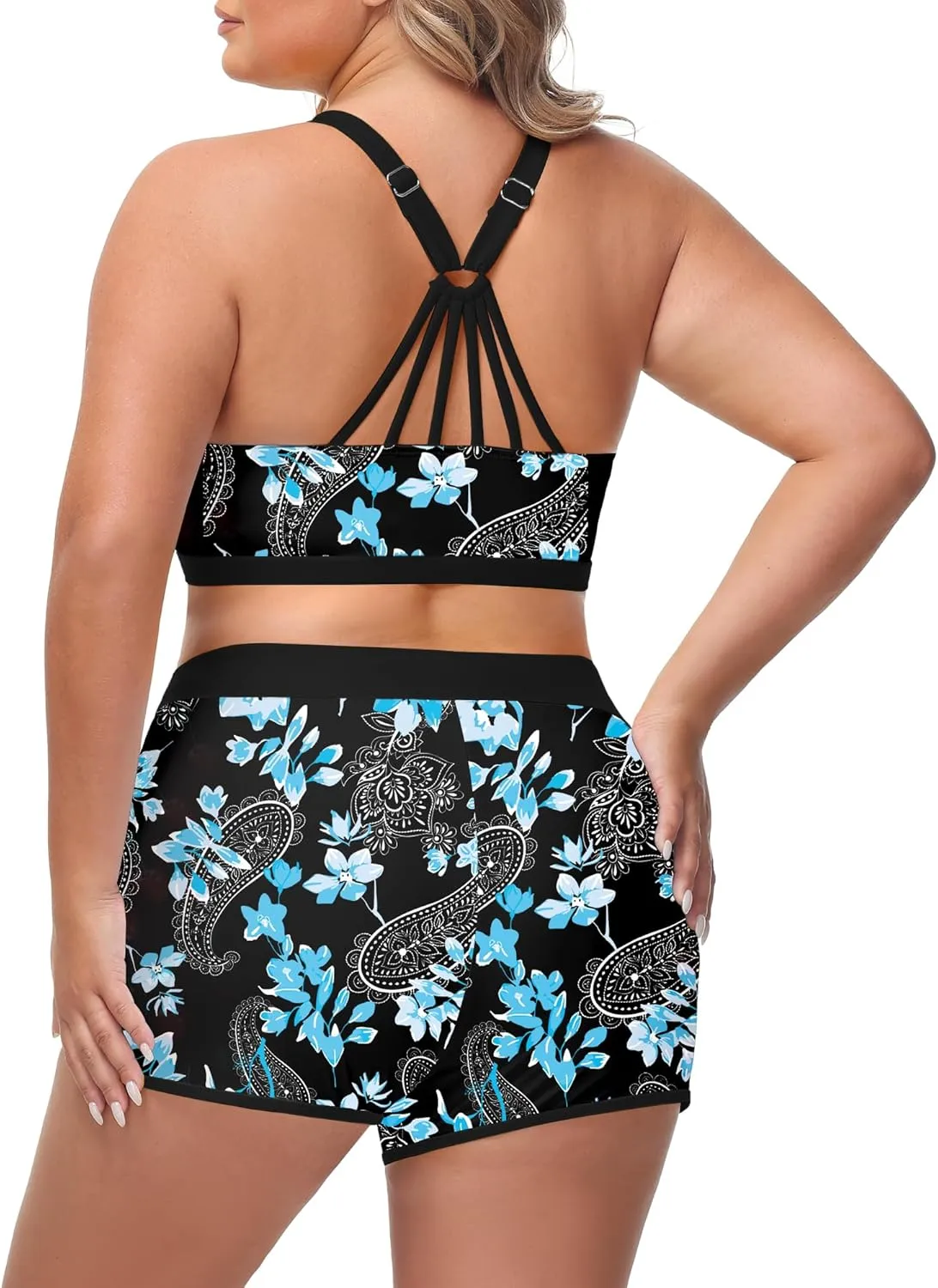 URBEST Women's Plus Size 3 Piece Tankini Bathing Suits, Athletic Swimsuits with Boy Shorts, Tank Top, and Sports Bra