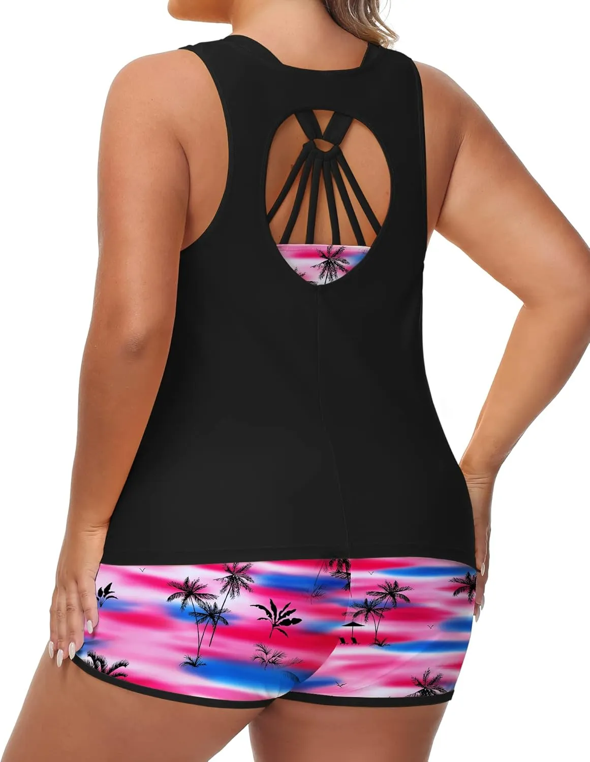 URBEST Women's Plus Size 3 Piece Tankini Bathing Suits, Athletic Swimsuits with Boy Shorts, Tank Top, and Sports Bra